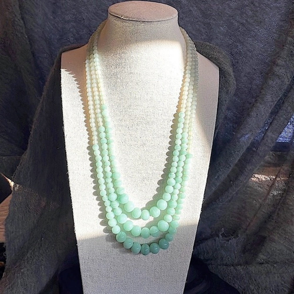 Banana Republic Beautiful Blue Green Beaded Necklace, 3 strands & hook closure.